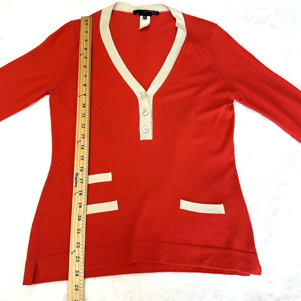 Les Copains Women's Scarlet Cream Trim V-Neck Cuffs 3/4 Sleeve Knit Sweater Sz 6 - Picture 7 of 13